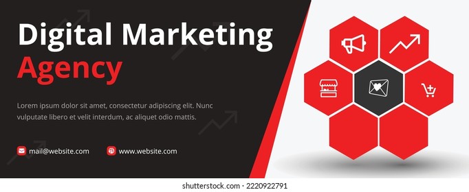 Dark grey, red and off white marketing cover design, social media cover design, digital marketing agency cover design