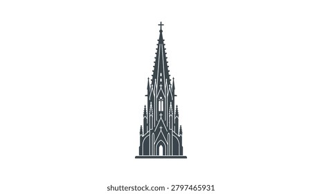 A dark grey silhouette of a gothic architectural spire featuring intricate pointed arches and decorative pinnacles