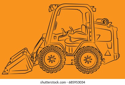 Dark grey simple line art of skid steer side profile on an orange background vector