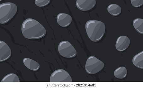 Dark grey smooth river pebbles scattered across a textured dark charcoal wood grain surface in a flat design.