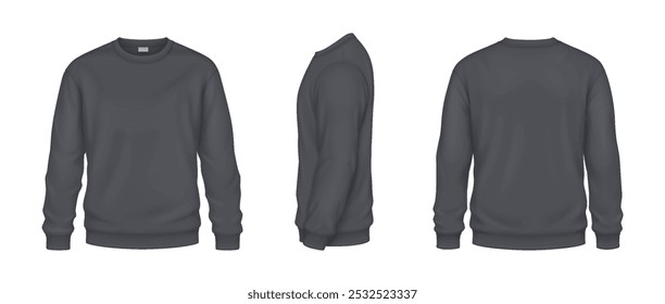 Dark grey sweatshirts for cool day mockup realistic vector illustrations set. Clothing for everyday life template 3d model on white background