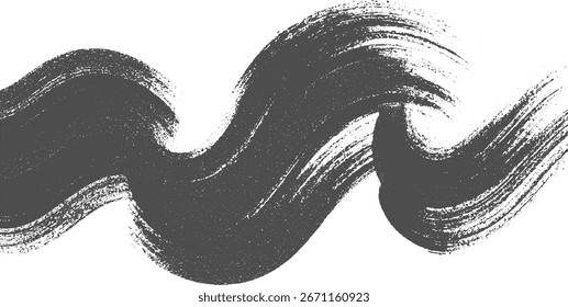 A dark grey textured brush stroke forms a wave shape against a white background.