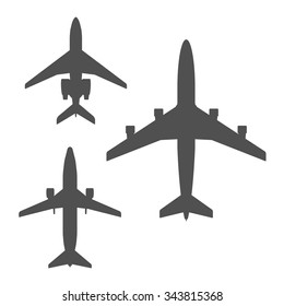 Dark grey top view airplane vector icon set. Airliner isolated collection on white background.
