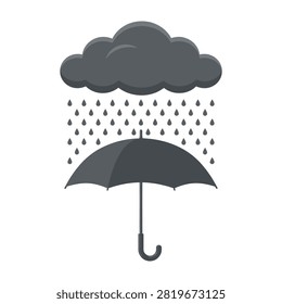 Dark grey umbrella shields from pouring rain droplets under ominous stormy cloud
