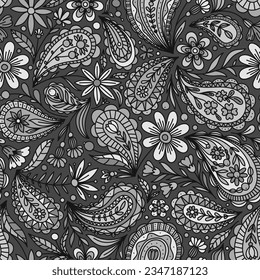 DARK GREY VECTOR SEAMLESS BACKGROUND WITH GREY FLORAL PAISLEY ORNAMENT