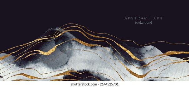 Dark grey watercolor abstract art with golden lines, waves. Art landscape. Design for poster, mural, cover, card.
