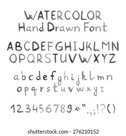 Dark Grey Watercolor Hand Drawn Font. Vector Illustration of Type Font Typography Elements