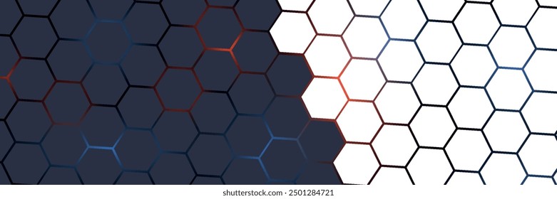 Dark grey and white horizontal hexagonal technology abstract vector background. Bright red energy flashes under the hexagons in a wide futuristic modern technology banner. Vector