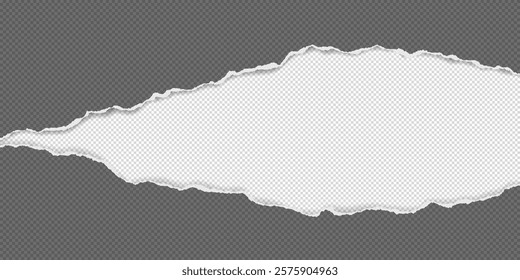 Dark grey and white piece of paper with torn edges and soft shadow are on white background for text or ad.