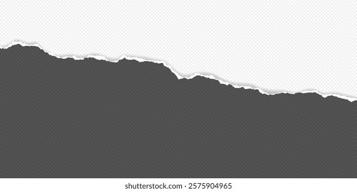 Dark grey and white piece of paper with torn edge and soft shadow are on white background for text or ad.