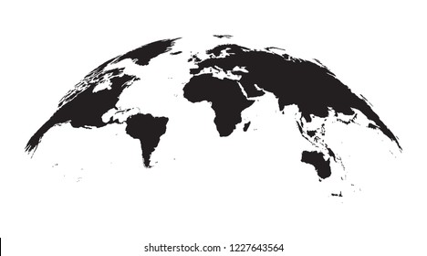 Dark grey world map, on a wide globe, isolated on white background