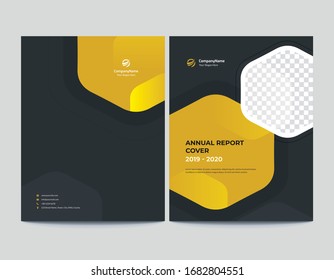 Dark Grey and Yellow Front and Back Annual Report Cover Design with Image || Abstract Hexagon Shapes Cover 