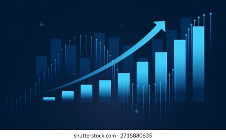 O fundo de grade escura reforça um ambiente de negócios conectado e de alta tecnologia. Uma seta azul brilhante sobe sobre as barras digitais, simbolizando o forte crescimento dos negócios on-line