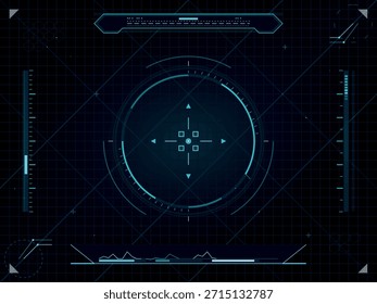 Ein dunkles, rasterbasiertes Head-Up Display (HUD) mit türkis leuchtenden Elementen, mit einem zentralen Zielretikel, radarähnlichen Kreisanzeigen und verschiedenen Datenlesewerten, die ein Gefühl für fortschrittliche Technologie und digitale Schnittstelle hervorrufen.