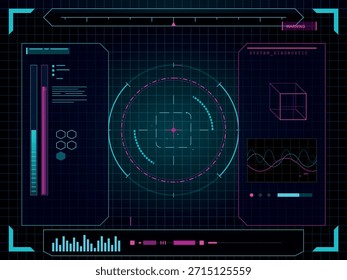 Una interfaz holográfica oscura basada en cuadrícula muestra diagnósticos del sistema, incluidos gráficos, un cubo de alambre y retículas de destino, renderizados en cian y magenta vibrantes.