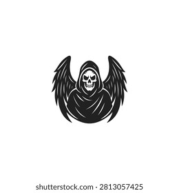 Dark grim reaper logo with skull face hooded figure and wings monochrome vector illustration isolated on white background