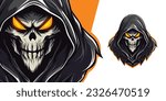 Dark Grim Reaper with Mask and Hood: Vector Illustration for Mascot Logo Design and Editable Print on T-Shirt