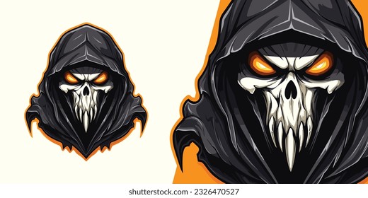 Dunkelgrimmige Reaper-Vektorgrafik mit Maske und Hood auf schwarzem Hintergrund: Perfekt für das moderne Design von Mascot-Logos und für die redaktionelle Print auf T-Shirt