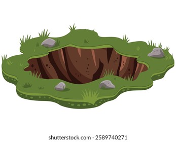 Dark Ground Hole with Stones and Grass Cartoon Style Vector Art