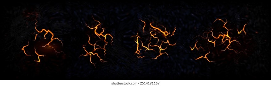 Dunkle Oberfläche mit Riss und glühender Lava. Realistische 3D-Vektorgrafik von Magma in gebrochenem, gebrochenem Felsboden. Erdbeben und Vulkanzerstörung brechen Textur mit Lichtwirkung.