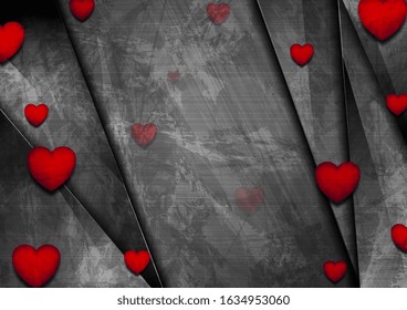 Dark grunge corporate background with red hearts. Abstract Valentines Day greeting card. Vector illustration