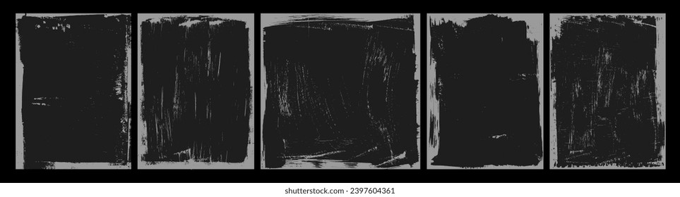 Dark grunge frames with scratched texture. Poster background collection with brush drawn borders and scribbles. Retro vintage vector backgrounds. Dirty borders with overlay texture stamps.