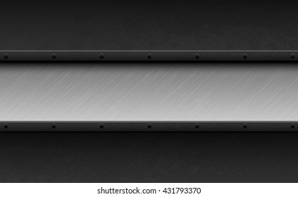Dark grunge metal texture background with rivet. Vector scratched riveted surface and stainless steel line. Heavy industrial design