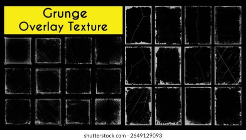 Vetor de conjunto de quadros de textura de sobreposição grunge escuro. Coleção de borda preta angustiada com efeitos de arranhões vintage para fundo retro e uso de design.

