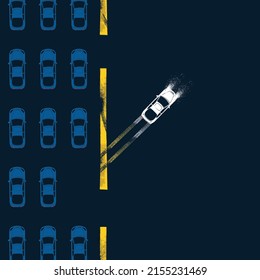 Dark grunge road background with yellow tire tracks and car silhouette. Different way. Your life choice and own path