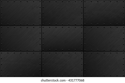 Dark Grunge Seamless Metal Plate Texture With Rivet. Vector Scratched Riveted Surface Background. Heavy Armor Industrial Design