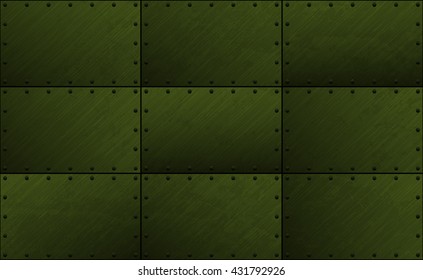 Dark grunge seamless metal plate texture with rivet. Vector scratched riveted surface background. Heavy armor industrial design