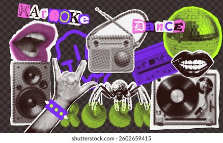Dark grunge set with halftone collage elements and phrases on the theme of rock music in retro zine mixed media style. Speaker, microphone, mouth, radio and spider isolated on black background. Vector