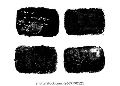Dark grunge text boxes set. Callouts rectangles frames. Linocut rolled paint black tag. Vector handmade brayer stamp smudged texture. Rough paint decorative irregular border.