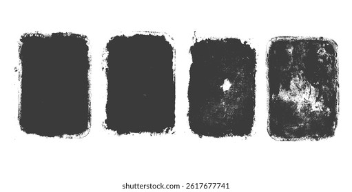 Dark grunge textboxes set. Callouts rectangles frames. Linocut rolled paint black tag. Vector handmade brayer stamp smudged texture. Rough paint decorative irregular border.