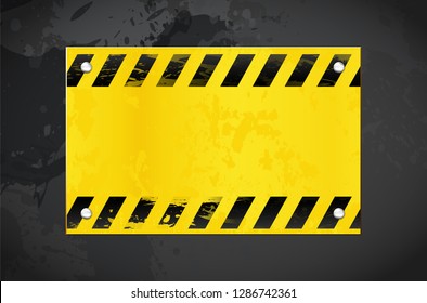 Dark grungy background and yellow warning metal banner with place for your text - vector illustration