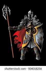 Dark guardian, with full armor, holding halberd, vector illustration