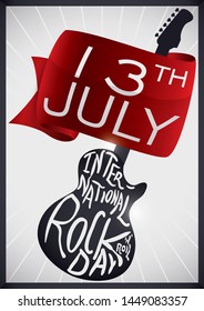 Dark guitar silhouette  with a greeting ribbon and reminder date to celebrate International Rock 'n' Roll Day in July 13.