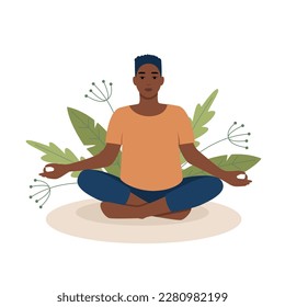 Dark hair, black skin man sitting in meditation pose in nature and leaves. Yoga, meditation, relax, retreat, healthy lifestyle concept. Vector illustration in flat cartoon style