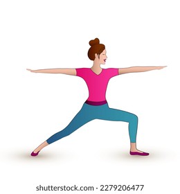 Dark hair girl doing Virabhadrasana yoga posture. Slim woman in hatha yoga warrior pose. Young yogi girl in well balanced posture. Slender woman vector illustration. Healthy lifesty.