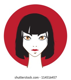 Dark hair girl on the red circle background. vector illustration