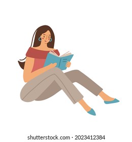 Dark hair woman reading a book. Isolated flat vector illustration for education, books shop, magazine promo, fashion poster, banner, library logo, icon, bibliophile post card