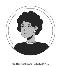 Dark haired afro woman black white cartoon avatar icon. Curly hair. Cute face. Editable 2D character user portrait, linear flat illustration. Vector face profile. Outline person head and shoulders