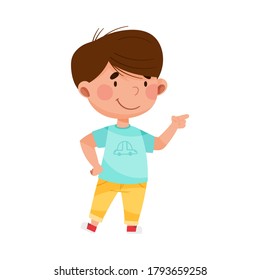 Dark Haired Boy Character Pointing at Something with His First Finger Vector Illustration