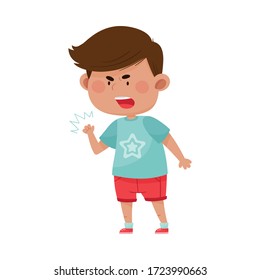 Dark Haired Boy in Red Shorts Showing Fierce Expression on His Face Vector Illustration