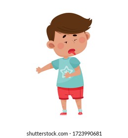 Dark Haired Boy Wearing Red Shorts Looking Away in Disgust Showing Disgusted Expression on His Face Vector Illustration