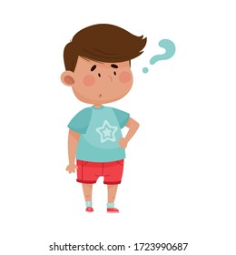 Dark Haired Boy Wearing Red Shorts Showing Puzzled Expression on His Face Vector Illustration