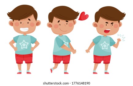 Dark Haired Boy Wearing Red Shorts Showing Different Emotions Vector Illustration