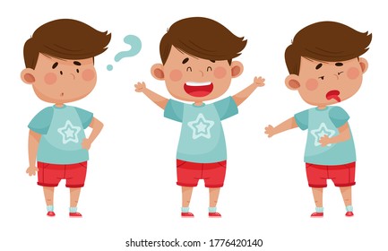 Dark Haired Boy Wearing Red Shorts Showing Different Emotions Vector Illustration