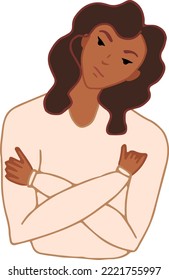 dark haired curly young girl is dissatisfied and crossed her arms on her chest, expressing skepticism with indignation contempt Isolated vector illustration
