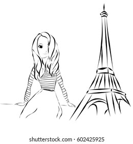 Dark haired girl and eiffel tower